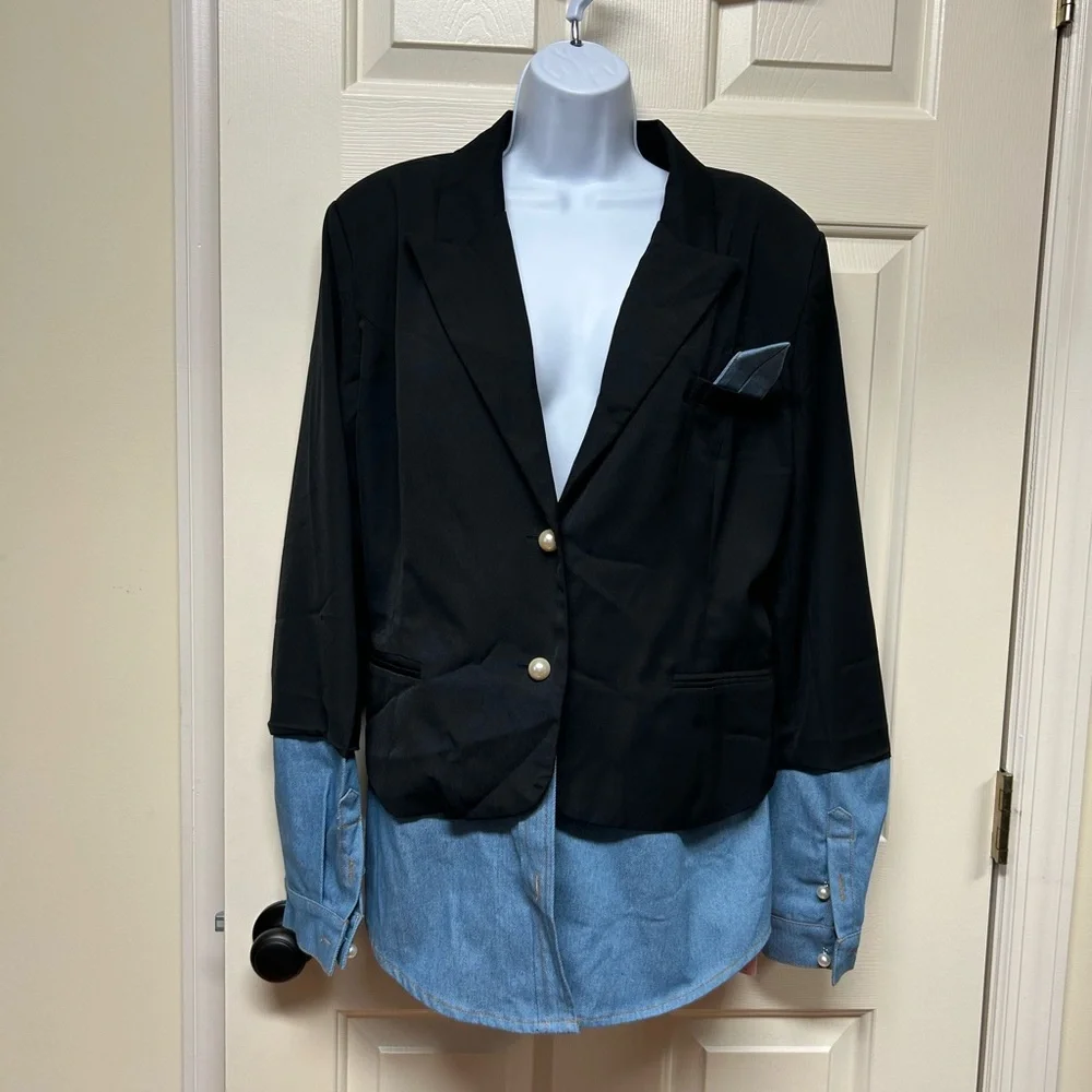 NWT Mica’s Denim Patchwork Notched Lapel Blazer - Picture 4 of 9